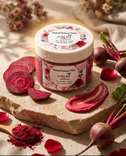 A jar of ARAH Earthessence Coloration Gel with beetroot and rose illustrations on the label, styled on a stone slab with sliced beetroot, beet greens, rose petals, and beetroot powder.