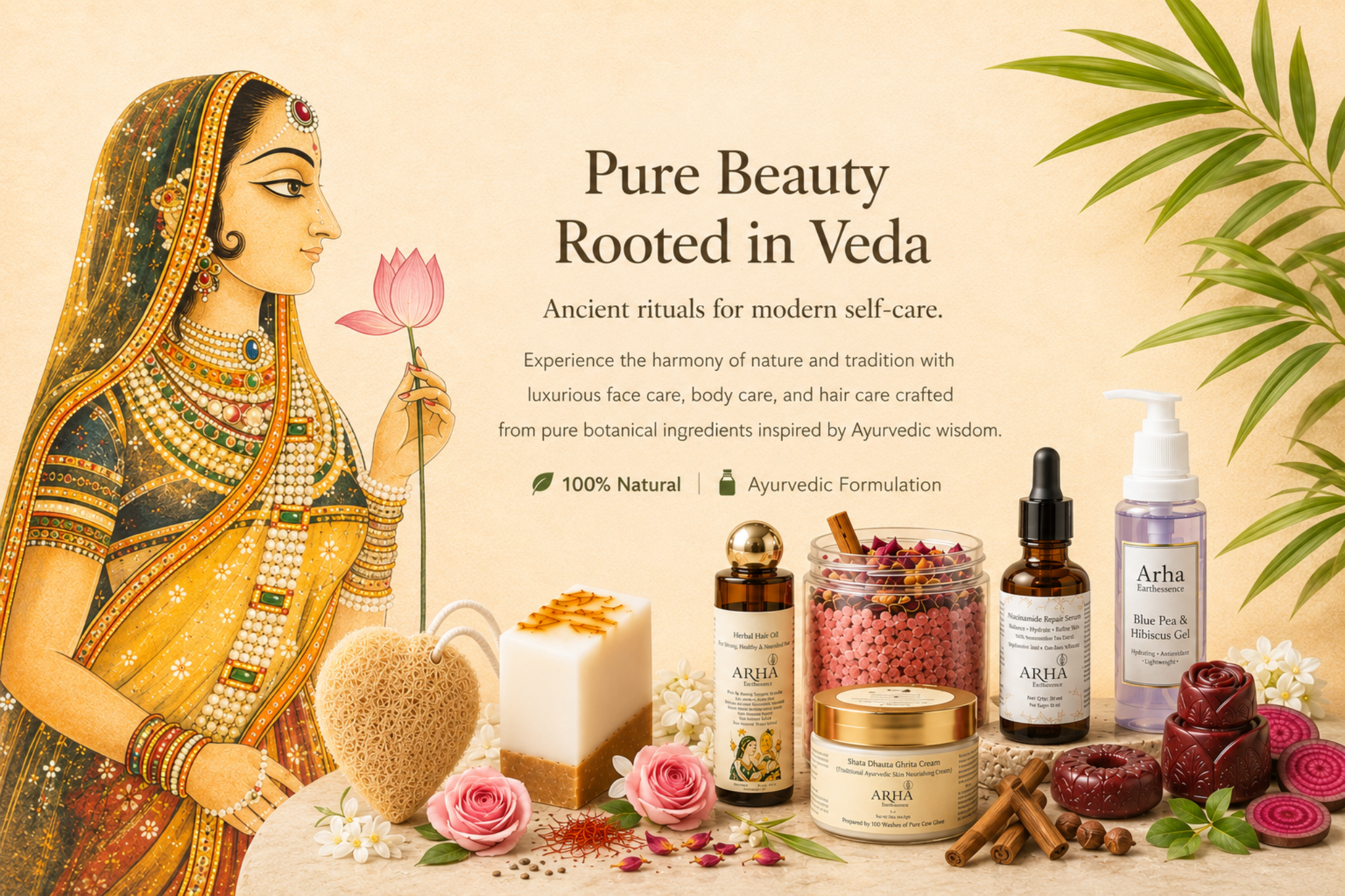 A promotional banner for Ayurvedic skincare products. On the left is an illustration of a traditional Indian woman in gold attire holding a pink lotus flower.ArhaEarth Essence